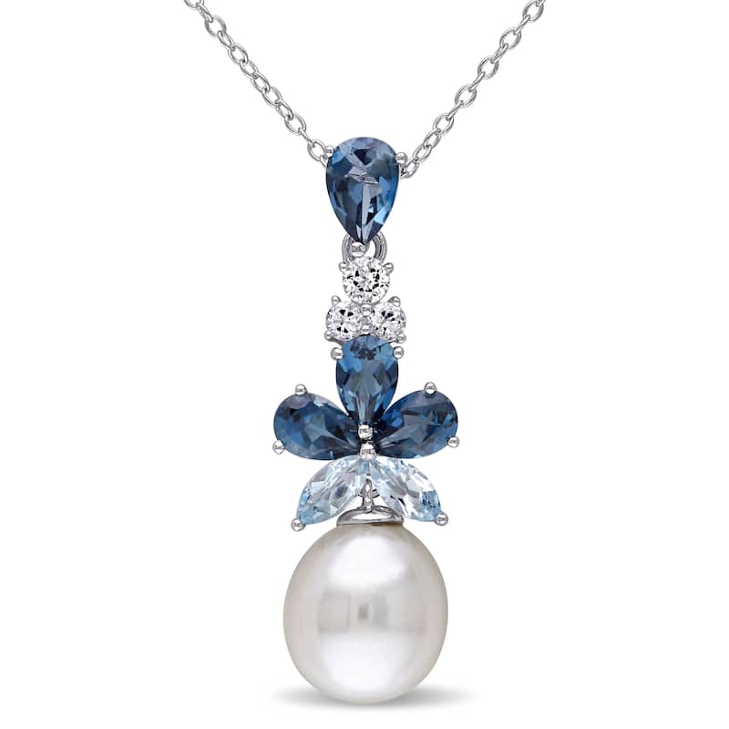 Miadora Sterling Silver Cultured Freshwater Pearl and Topaz Drop Necklace (9.5-10 mm)