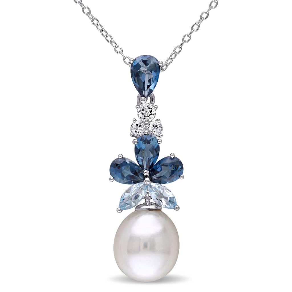Miadora Sterling Silver Cultured Freshwater Pearl and Topaz Drop Necklace (9.5-10 mm)