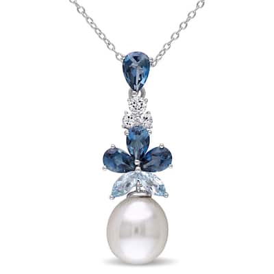 Miadora Sterling Silver Cultured Freshwater Pearl and Topaz Drop Necklace (9.5-10 mm)
