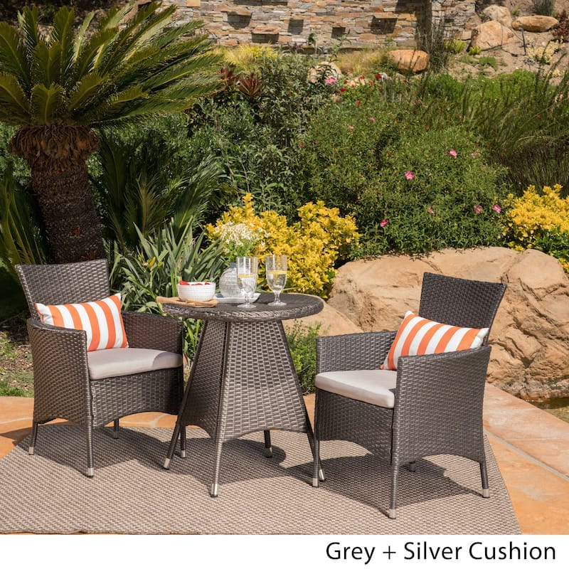 Melissa Outdoor 3-piece Wicker Bistro Set with Cushions by Christopher Knight Home - N/A - Grey + Silver Cushion