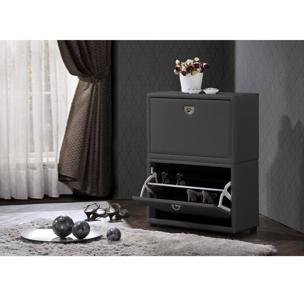Baxton Studio Petito Contemporary 2-tier Grey Faux Leather Upholstered Shoe Cabinet