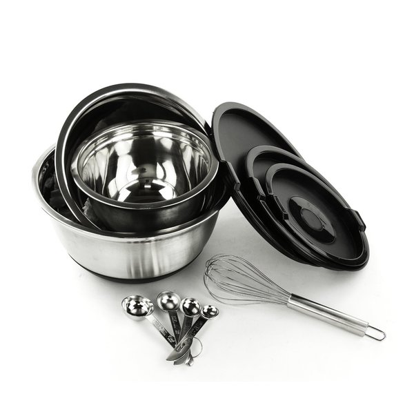 Stainless Steel Mixing Bowl Set- Silicone Lids, Whisk and Measuring Spoons