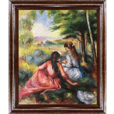 La Pastiche Pierre-Auguste Renoir 'Two Girls In The Meadow' (Picking Flowers) Hand Painted Framed Canvas Art