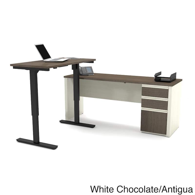 Bestar Prestige L-Desk including Electric Height Adjustable Table - White Chocolate & Antigua