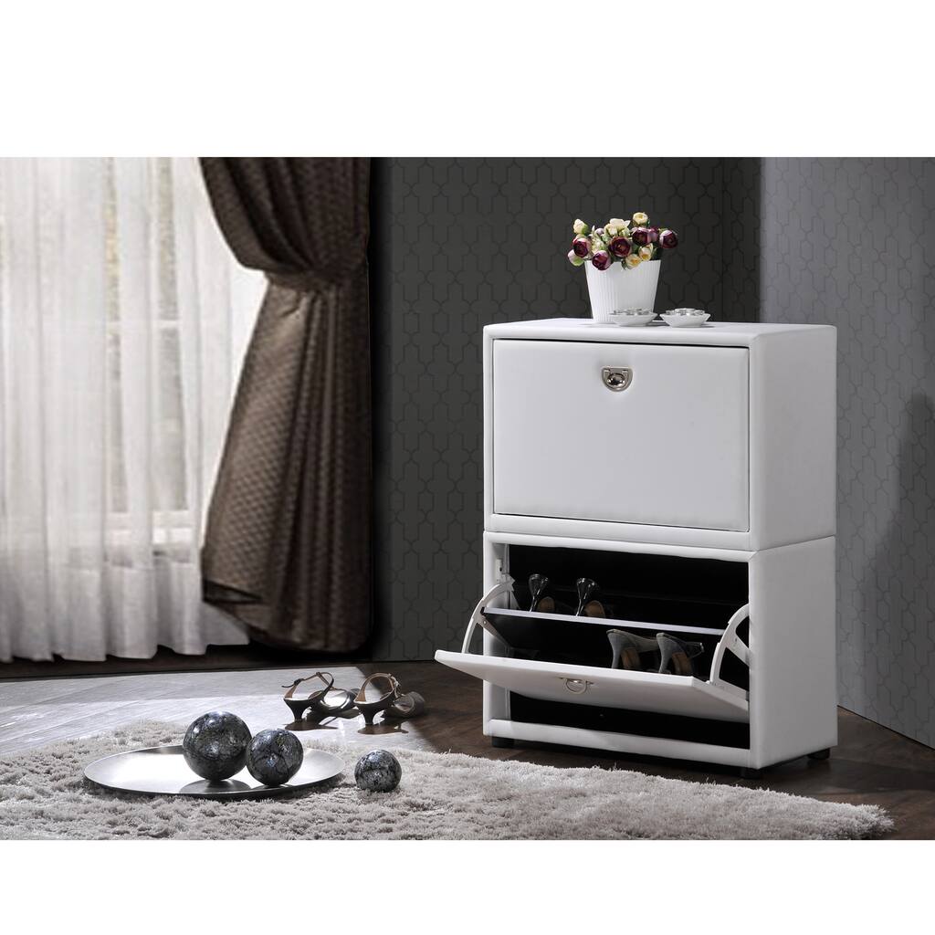 Baxton Studio Petito Contemporary 2-tier White Faux Leather Upholstered Shoe Cabinet