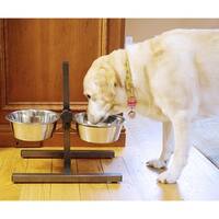 LR Home Wood Elevated Double Pet Feeder with Engraved Mandalas and Dogs,  19 x 9 x 5, Brown / White