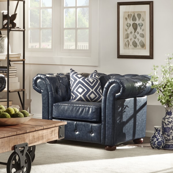 Shop Knightsbridge Navy Blue Bonded Leather Tufted Scroll Arm