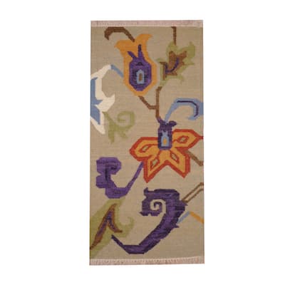 Handmade Vegetable Dye Wool Kilim (India) - 1'8" x 3'3"