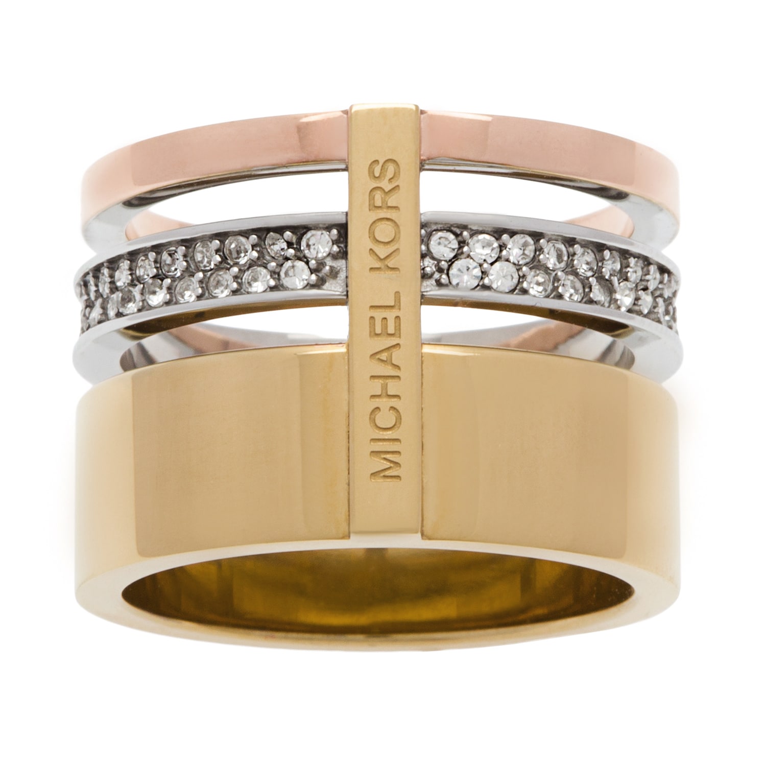 Michael Kors Tricolor Pave Barrel Ring  Barrel rings Michael kors  jewelry Michael kors ring