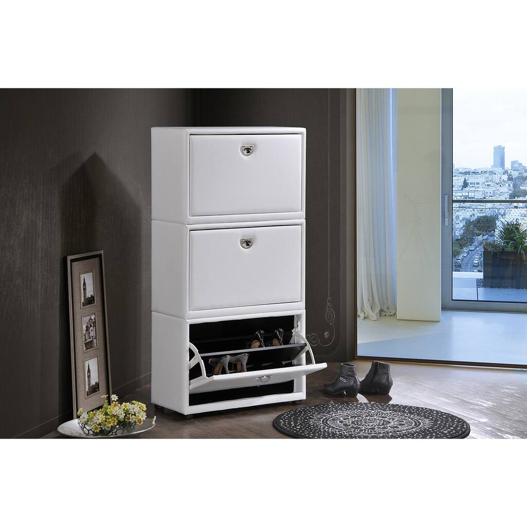 Baxton Studio Petito Contemporary 3-tier White Faux Leather Upholstered Shoe Cabinet
