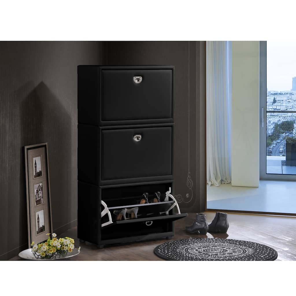 Baxton Studio Petito Contemporary 3-tier Black Leather Upholstered Shoe Cabinet