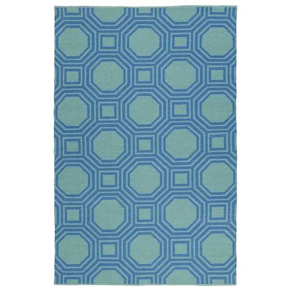 Indoor/Outdoor Laguna Turquoise and Blue Geo Flat-Weave Rug (3'0 x 5'0) - 3' x 5'