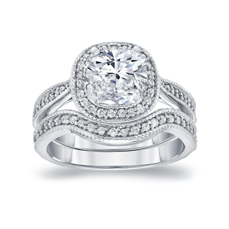 Auriya 14k Gold 1 1/2ctw Vintage Cushion-cut Diamond Halo Engagement Ring Set