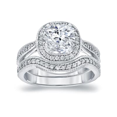 Auriya 14k Gold 1 1/2ctw Vintage Cushion-cut Diamond Halo Engagement Ring Set
