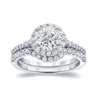 Auriya 1 1/4ct TDW Round Diamond Halo Engagement Ring Set 14k White Gold Certified