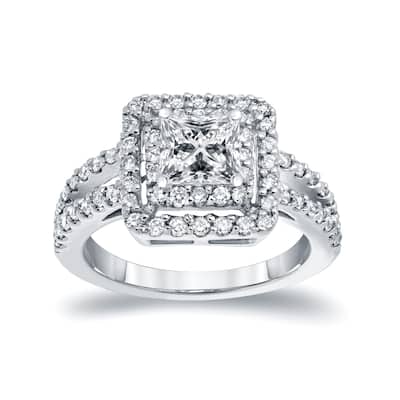 Auriya 14k White Gold 1 1/2ct TDW Princess-cut Diamond Double Halo Engagement Ring (I-J, I1-I2)