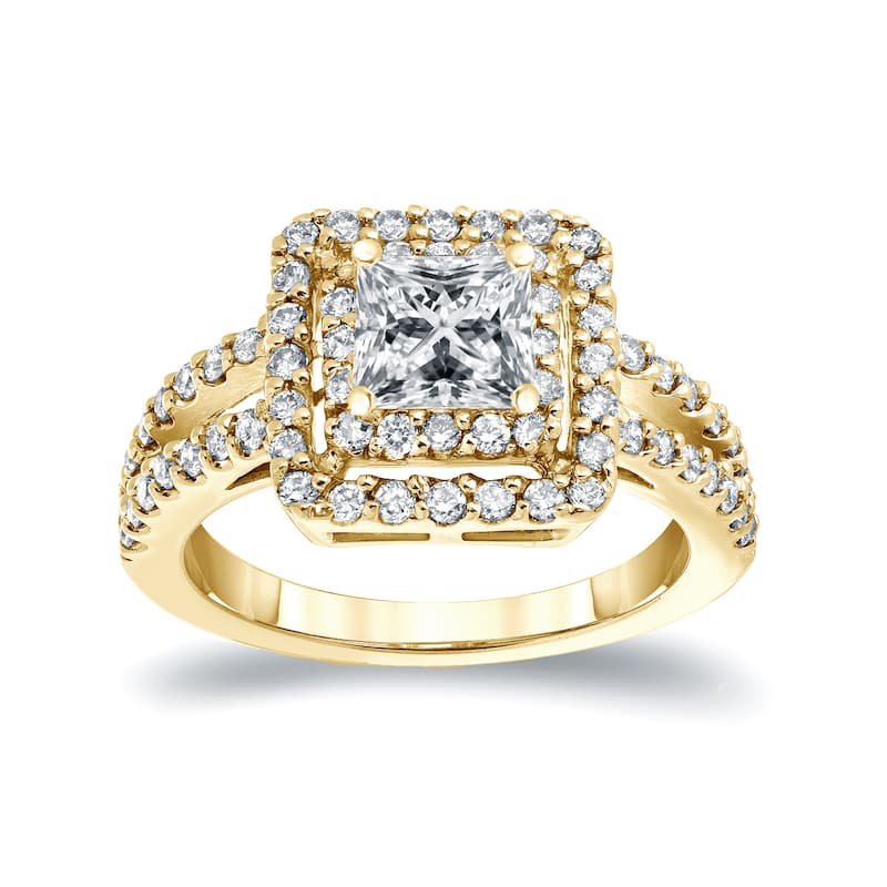 Auriya 14k White Gold 1 1/2ct TDW Princess-cut Diamond Double Halo Engagement Ring (I-J, I1-I2) - Yellow - 4