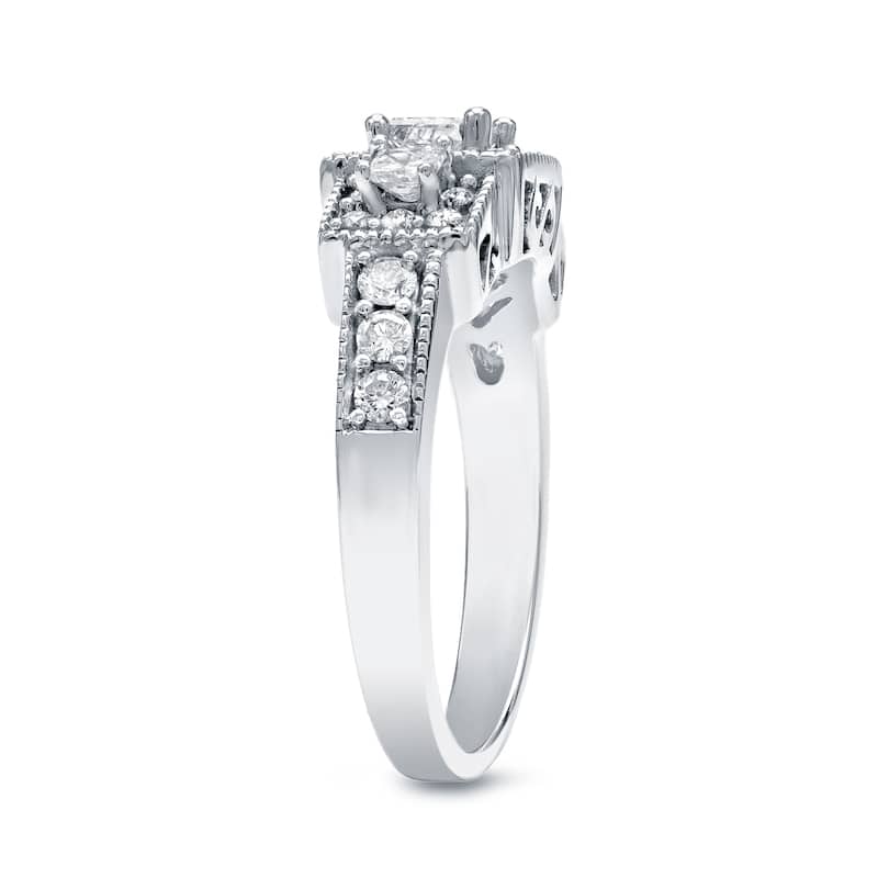 Auriya Vintage Inspired 1ct TDW 3-Stone Diamond Halo Engagement Ring 14k Gold