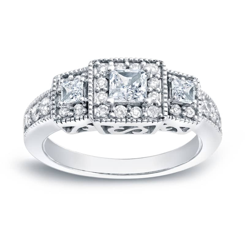 Auriya Vintage Inspired 1ct TDW 3-Stone Diamond Halo Engagement Ring 14k Gold