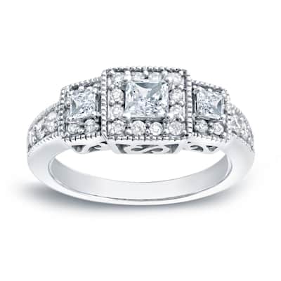 Auriya Vintage Inspired 1ct TDW 3-Stone Diamond Halo Engagement Ring 14k Gold