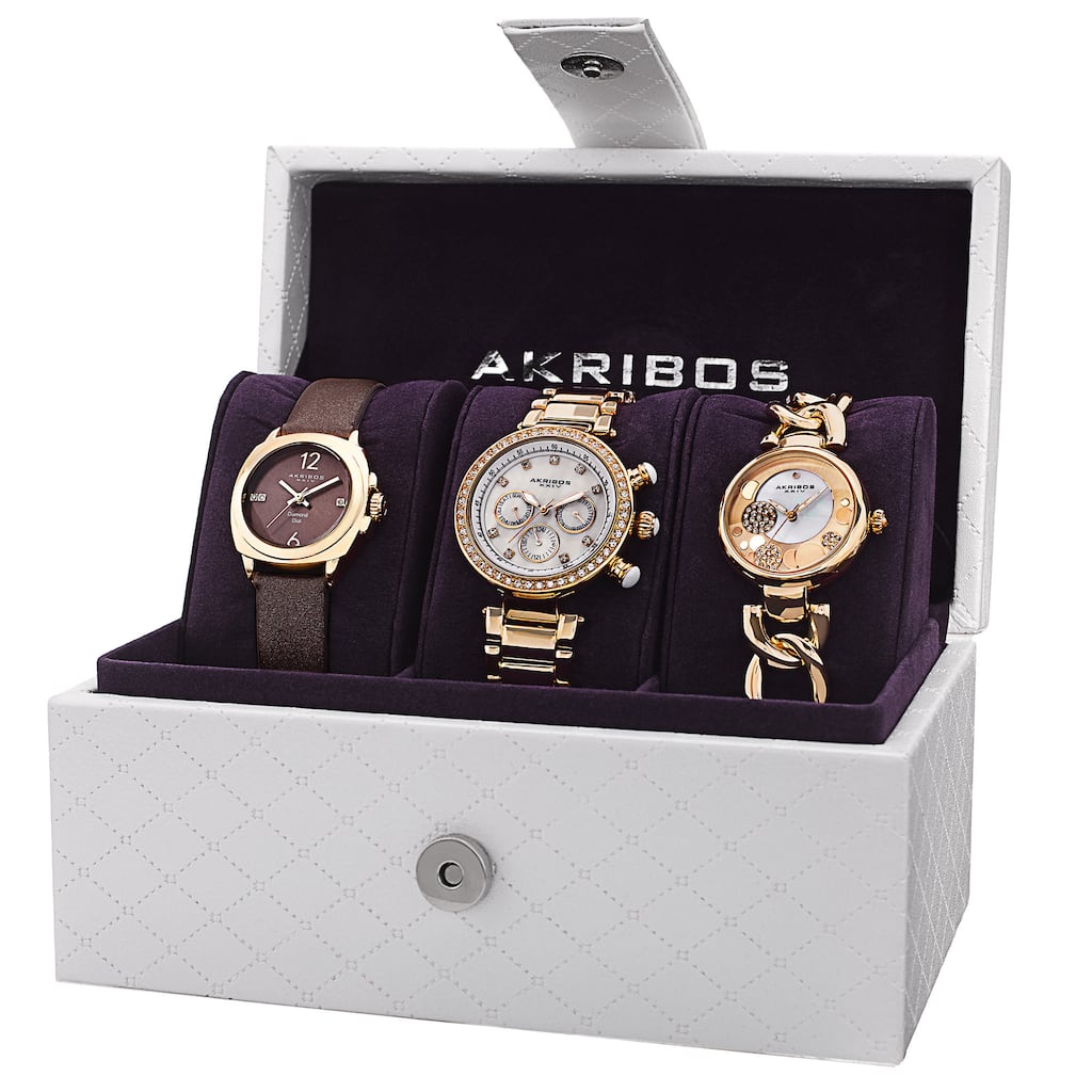 Akribos XXIV Women's Quartz Multifunction Diamond Gold-Tone Strap/Bracelet Watch Set - GOLD