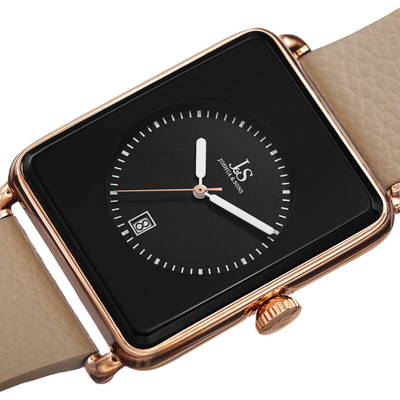Joshua & Sons Classic Men's Quartz Rectangle Date Leather Rose-Tone Strap Watch - GOLD
