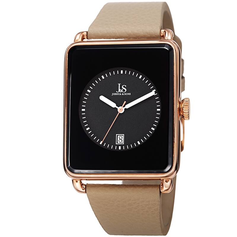 Joshua & Sons Classic Men's Quartz Rectangle Date Leather Rose-Tone Strap Watch - GOLD