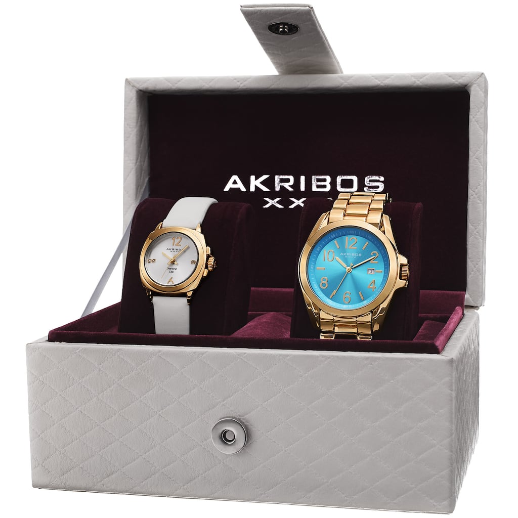 Akribos XXIV Women's Swiss Quartz Diamond Date Indicator Gold-Tone Watch Set - Gold