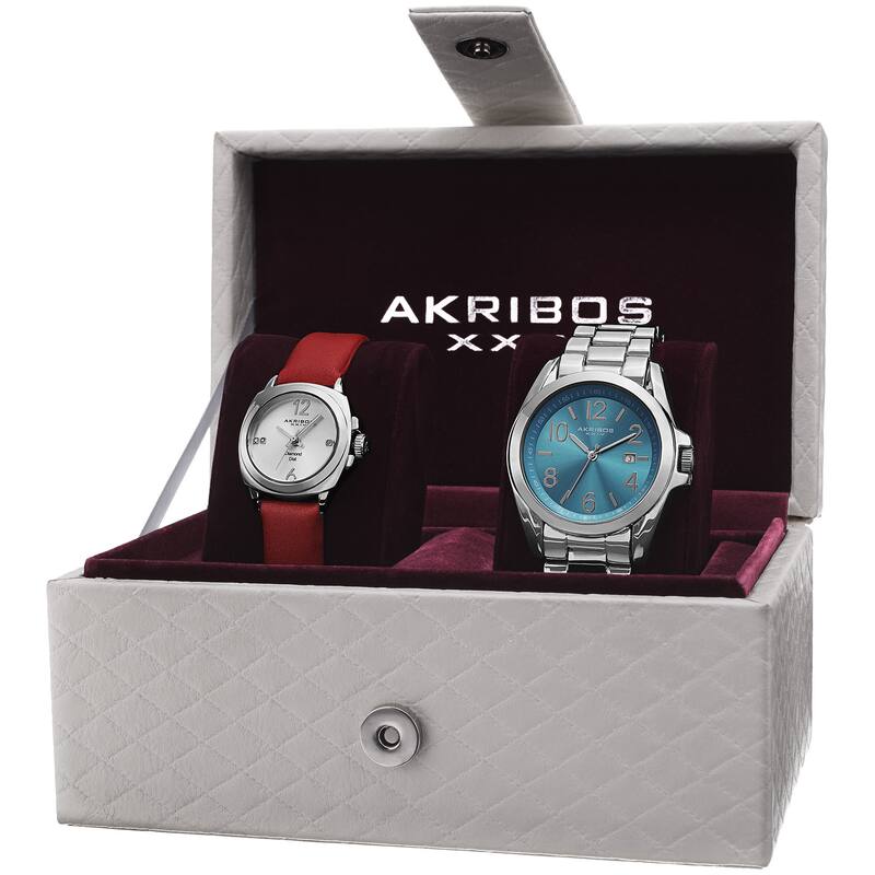 Akribos XXIV Women's Swiss Quartz Diamond Date Indicator Silver-Tone Watch Set - silver