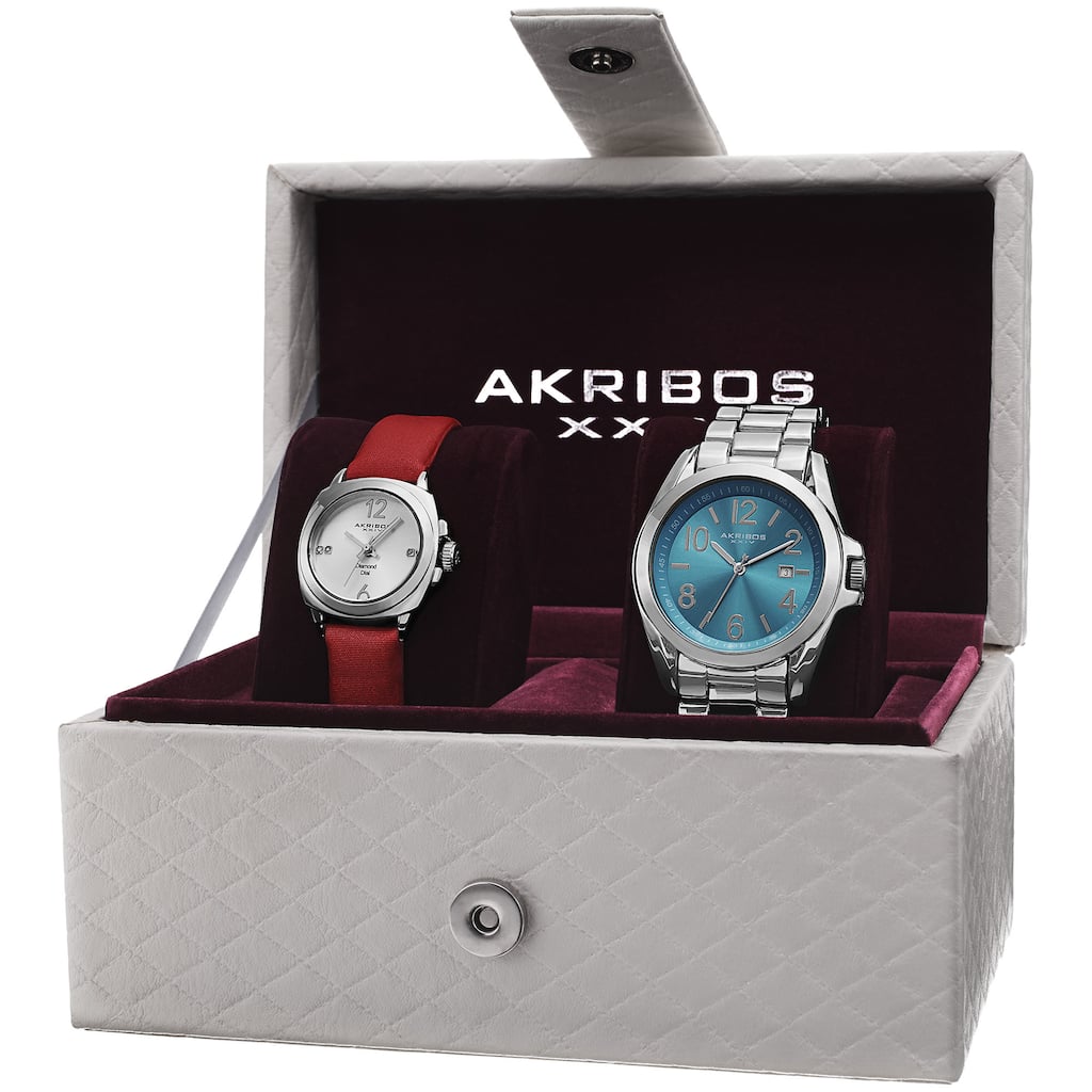 Akribos XXIV Women's Swiss Quartz Diamond Date Indicator Silver-Tone Watch Set - silver