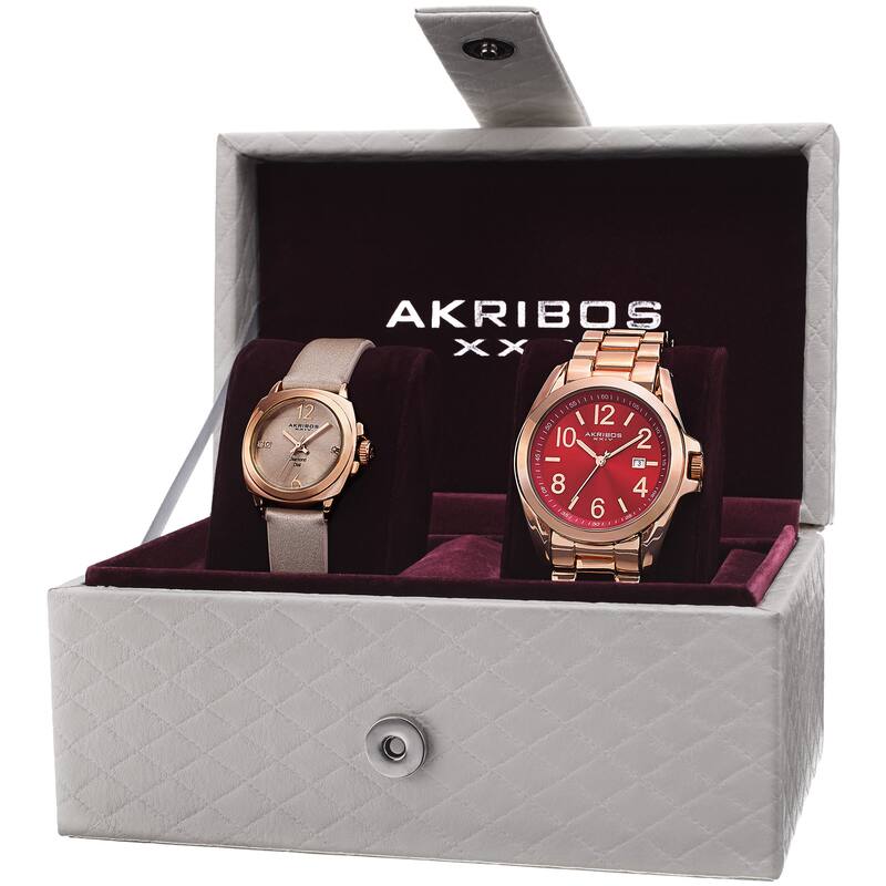 Akribos XXIV Women's Swiss Quartz Diamond Date Indicator Rose-Tone Watch Set - GOLD