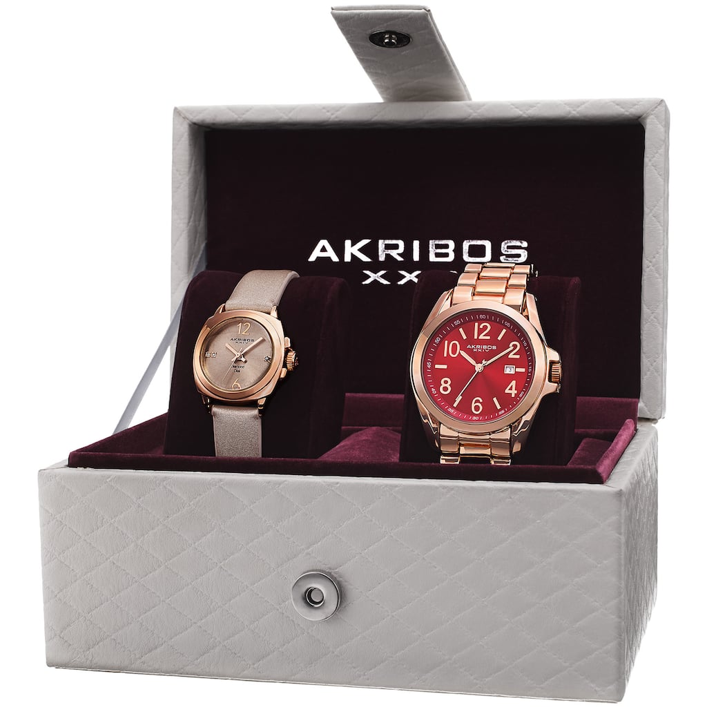 Akribos XXIV Women's Swiss Quartz Diamond Date Indicator Rose-Tone Watch Set - GOLD