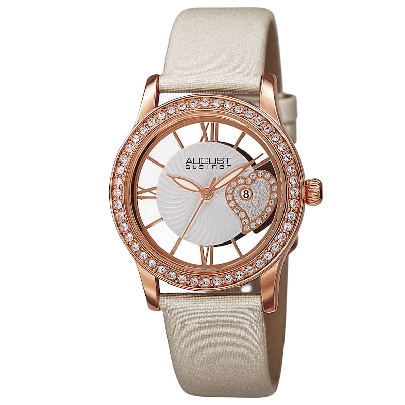 August Steiner Women's Quartz Heart Design Satin White Strap Watch