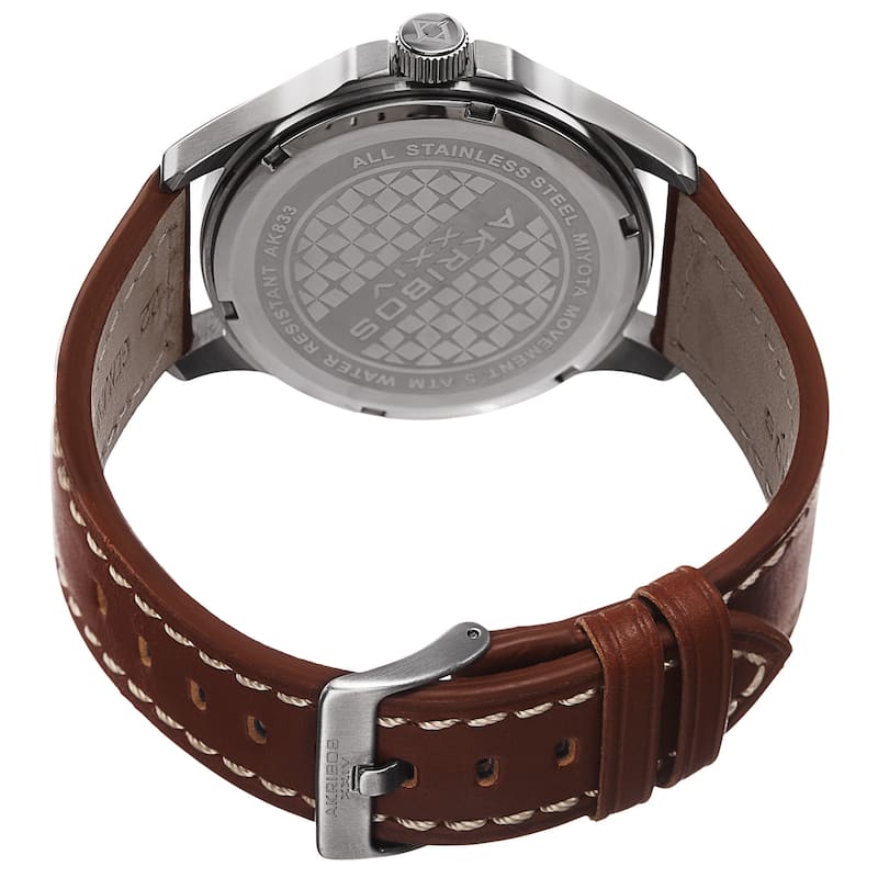 Akribos XXIV Men's Quartz Date Indicator Leather Silver-Tone Strap Watch with GIFT BOX