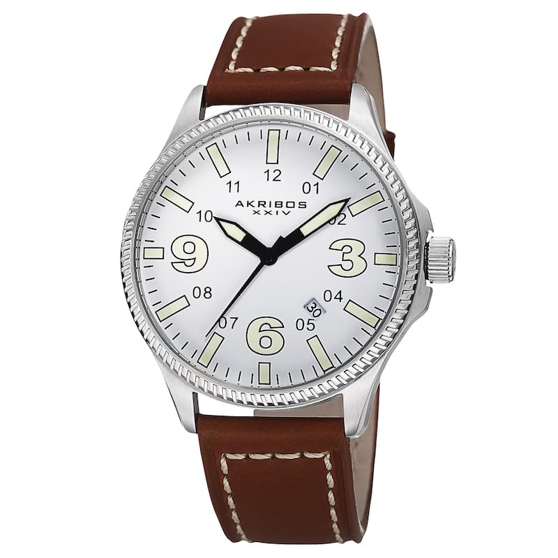 Akribos XXIV Men's Quartz Date Indicator Leather Silver-Tone Strap Watch with GIFT BOX - brown & silvertone
