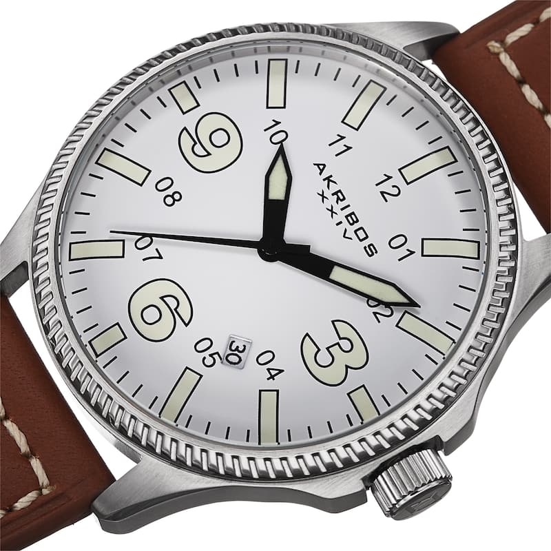 Akribos XXIV Men's Quartz Date Indicator Leather Silver-Tone Strap Watch with GIFT BOX