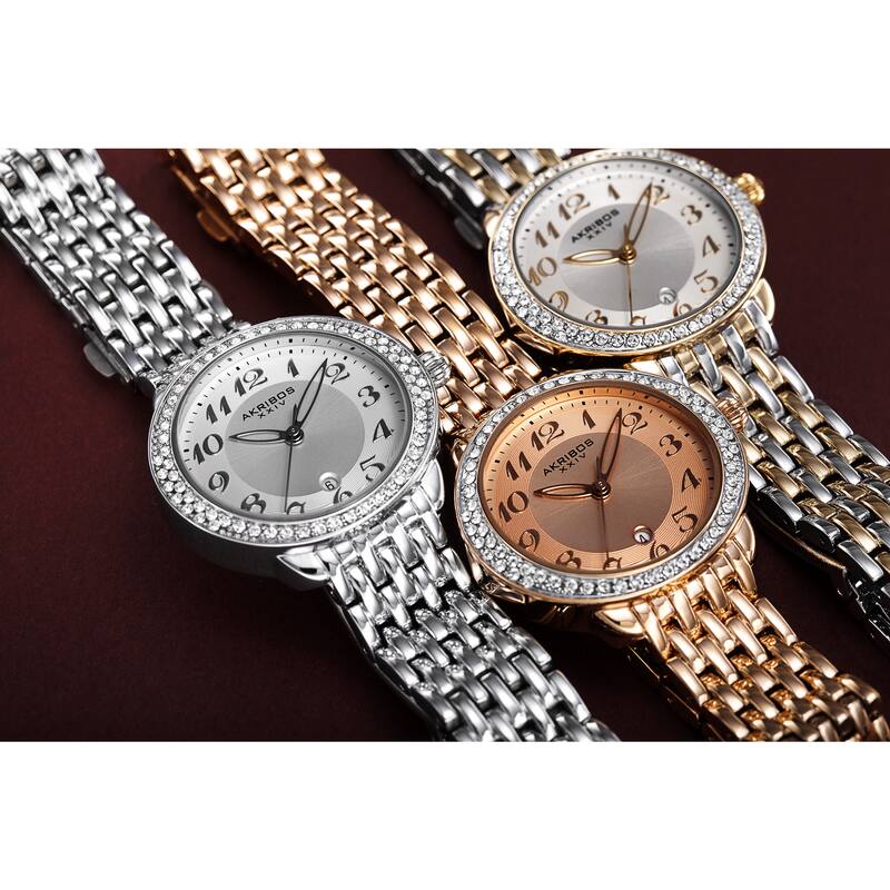 Akribos XXIV Women's Quartz Swarovski Crystal Bezel Alloy Rose-Tone Bracelet Watch - GOLD