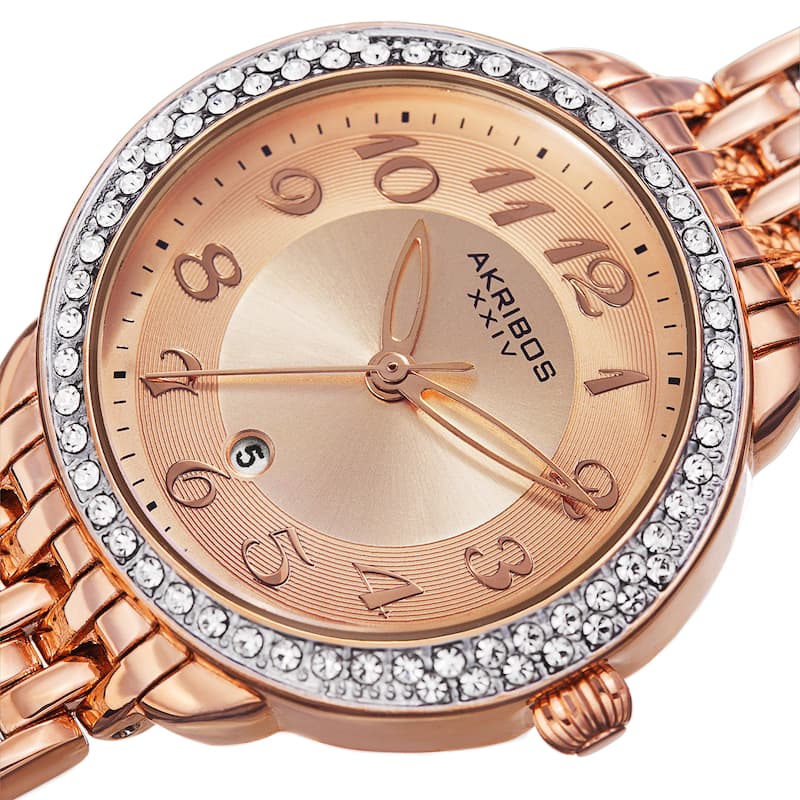 Akribos XXIV Women's Quartz Swarovski Crystal Bezel Alloy Rose-Tone Bracelet Watch - GOLD