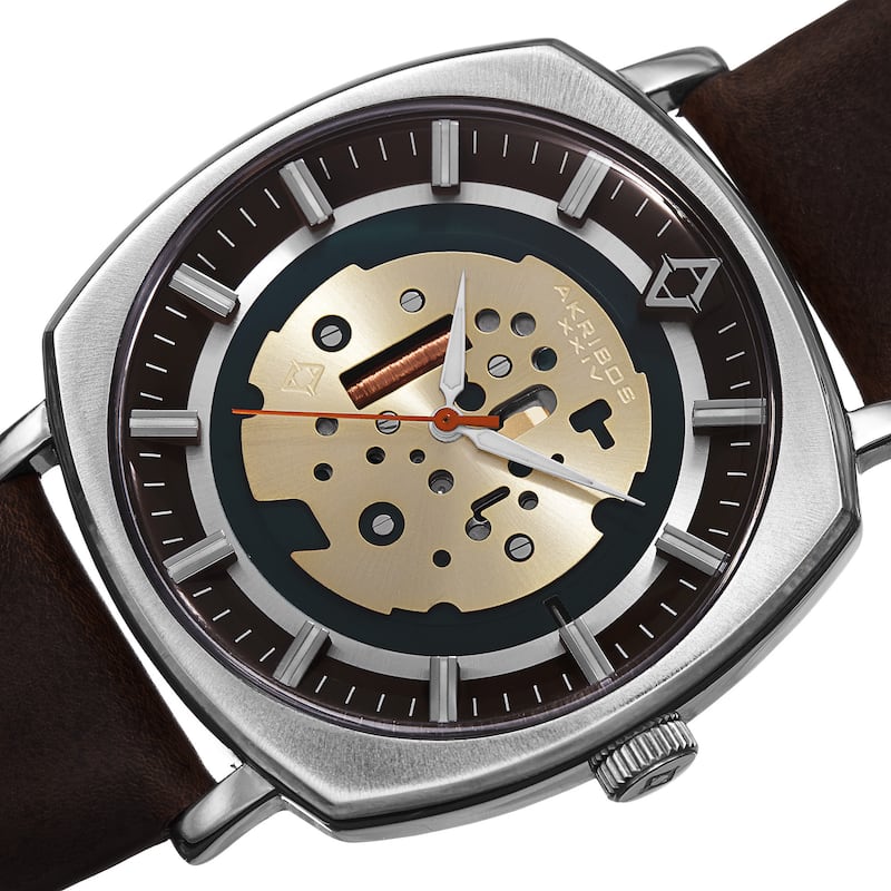 Akribos XXIV Men's Quartz Imitated Skeleton Dial Antique Leather Silver-Tone Strap Watch - brown