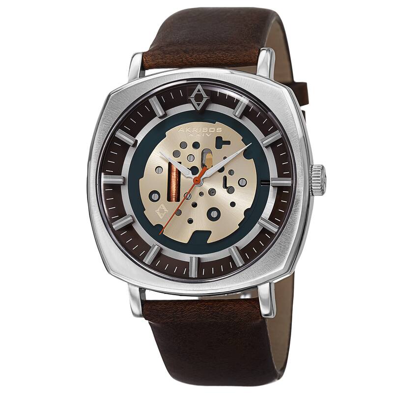 Akribos XXIV Men's Quartz Imitated Skeleton Dial Antique Leather Silver-Tone Strap Watch - brown