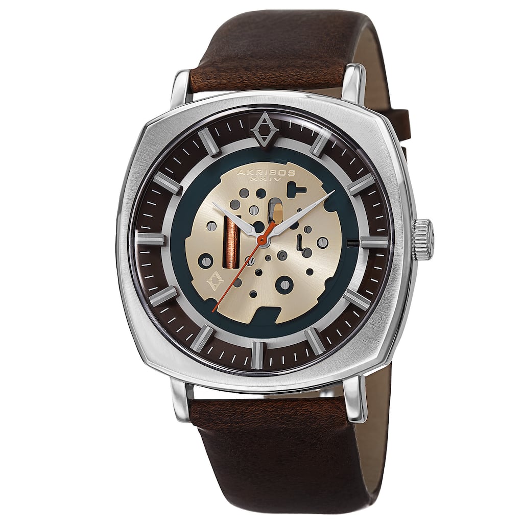 Akribos XXIV Men's Quartz Imitated Skeleton Dial Antique Leather Silver-Tone Strap Watch - brown