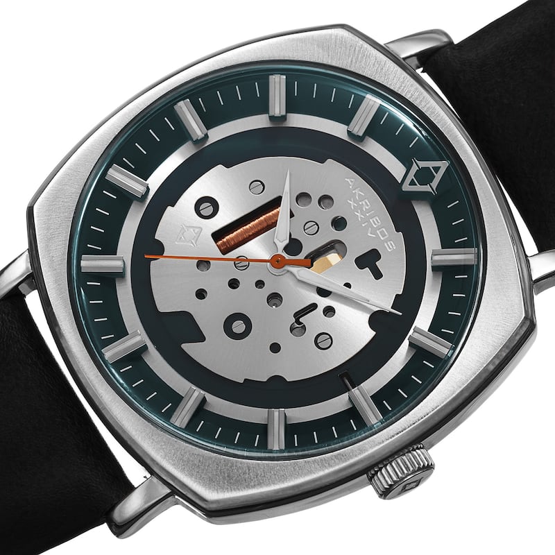 Akribos XXIV Men's Quartz Imitated Skeleton Dial Antique Leather Silver-Tone Strap Watch - silver