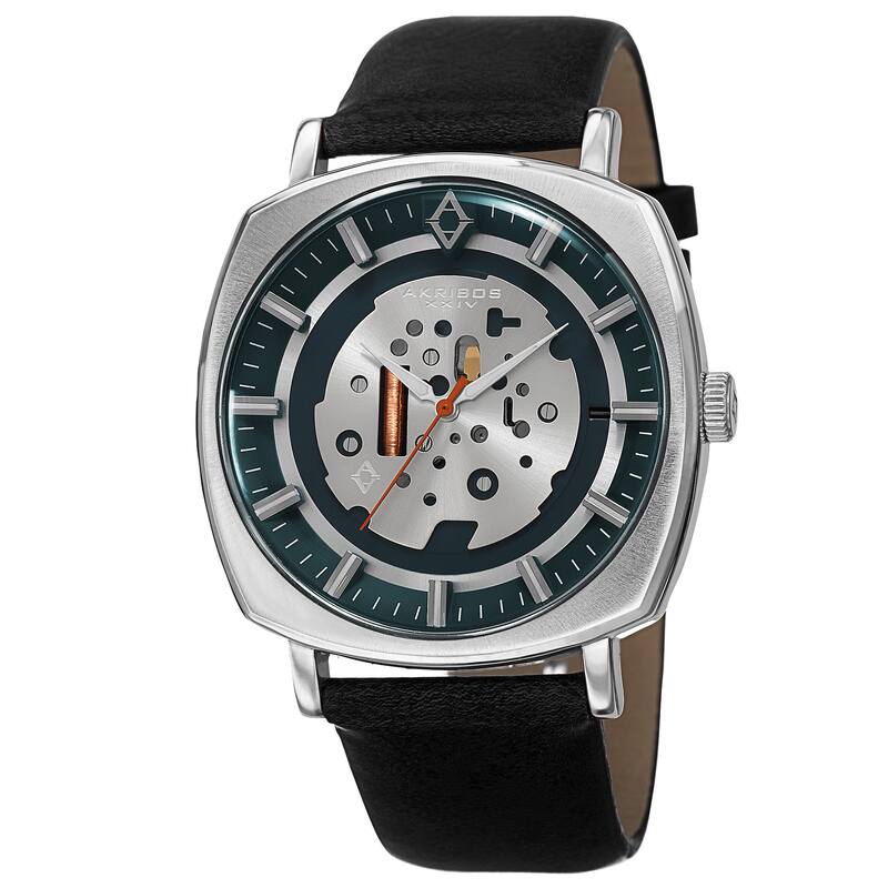 Akribos XXIV Men's Quartz Imitated Skeleton Dial Antique Leather Silver-Tone Strap Watch - silver