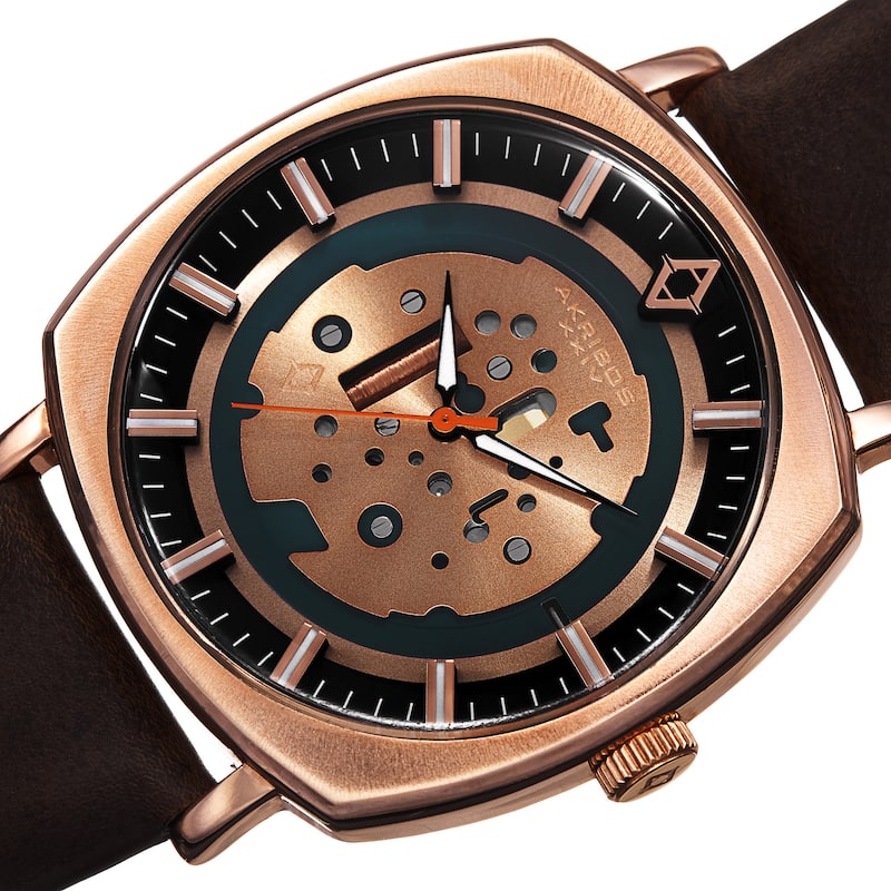Akribos XXIV Men's Quartz Imitated Skeleton Dial Antique Leather Rose-Tone Strap Watch - Gold