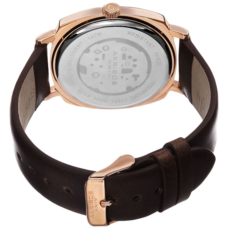 Akribos XXIV Men's Quartz Imitated Skeleton Dial Antique Leather Rose-Tone Strap Watch - Gold