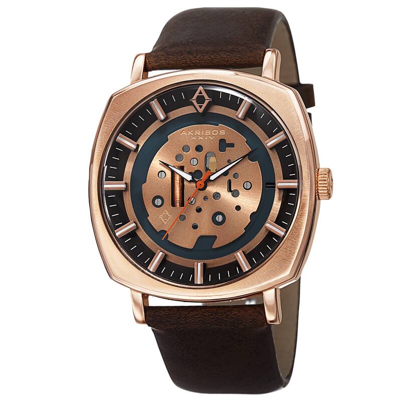 Akribos XXIV Men's Quartz Imitated Skeleton Dial Antique Leather Rose-Tone Strap Watch - Gold
