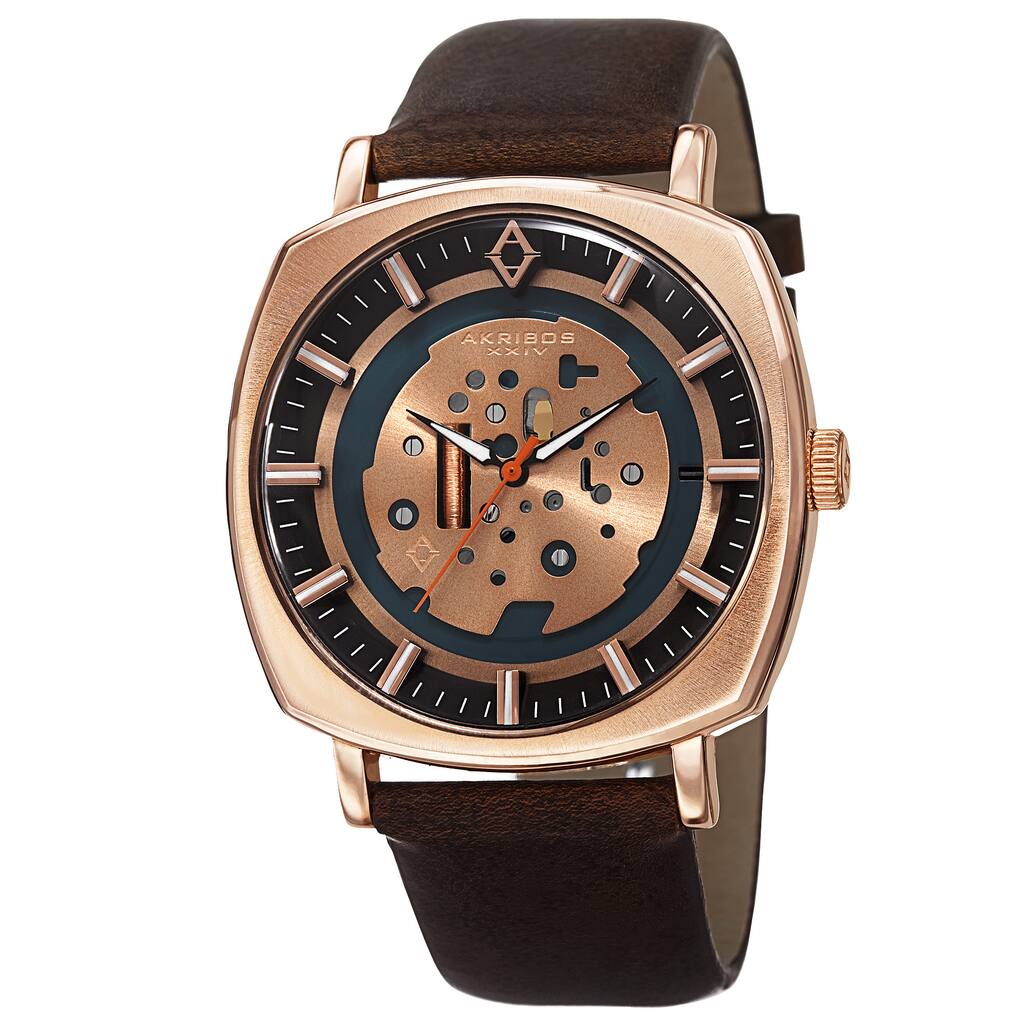 Akribos XXIV Men's Quartz Imitated Skeleton Dial Antique Leather Rose-Tone Strap Watch - Gold