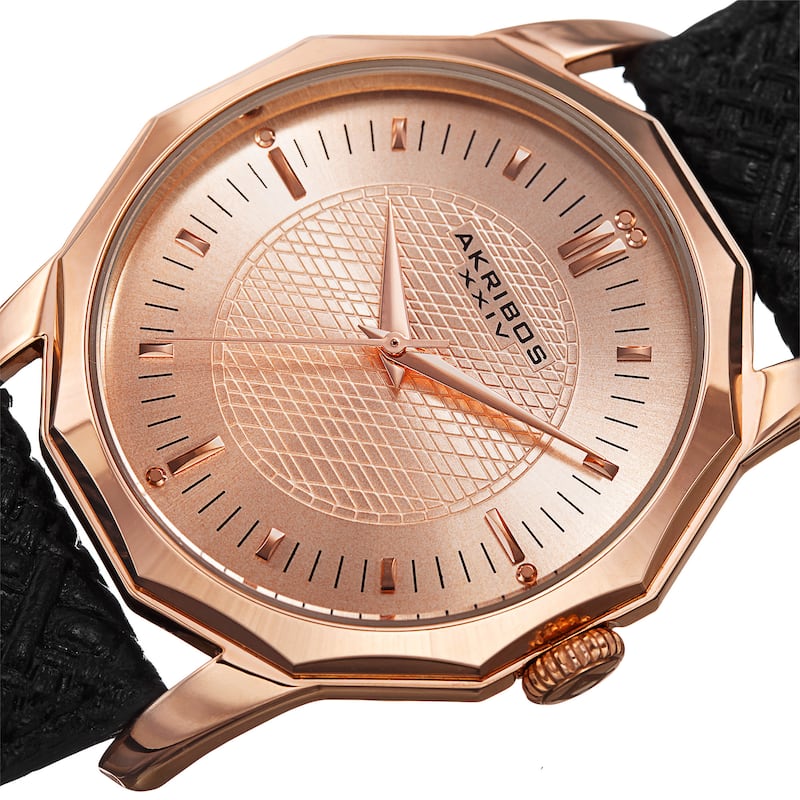 Akribos XXIV Men's Quartz Dodecagon Shape Bezel Leather Rose-Tone Strap Watch - GOLD