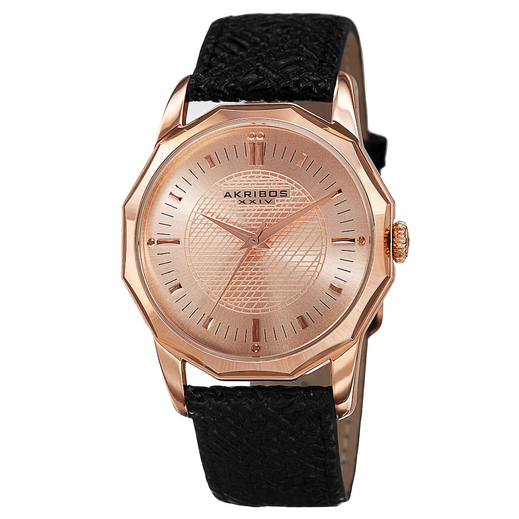 Akribos XXIV Men's Quartz Dodecagon Shape Bezel Leather Rose-Tone Strap Watch - GOLD