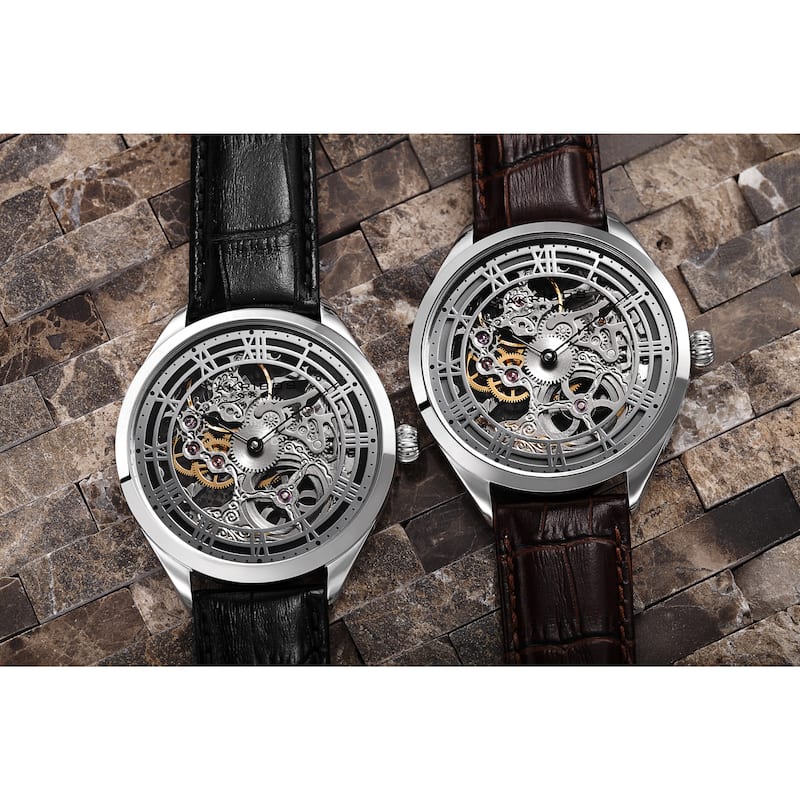 Akribos XXIV Men's Mechanical Skeletal Leather Grey Strap Watch